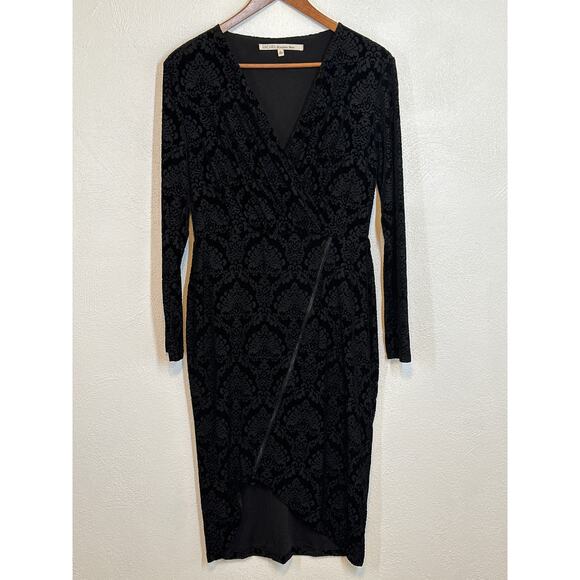 Rachel Roy Dress L Black Velvet Burnout Faux Wrap Asymmetrical Zip High Low Hem - Picture 2 of 16